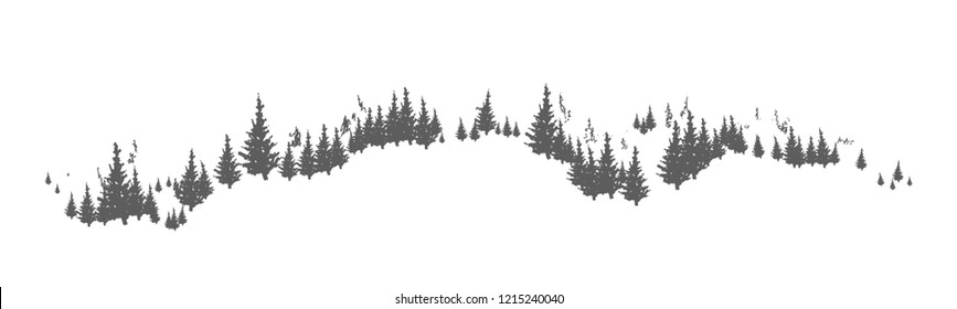 Horizon line with hand drawn silhouettes of coniferous trees growing on hills or mountains. Forest panorama with pines or spruces. Natural monochrome decorative element. Vector illustration.