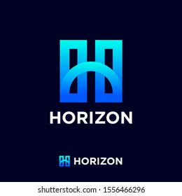 Horizon logo. Blue H letter on a black background. The minimalist style. 