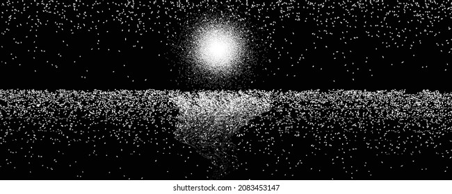 Horizonte con reflexión lunar.  Luna llena en el océano.  Pulsaciones de pincel. El paisaje de mar abierto. Logotipo de luz solar .Vector