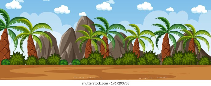 Horizon nature scene or landscape countryside with palm trees view and rainbow in blank sky at daytime illustration