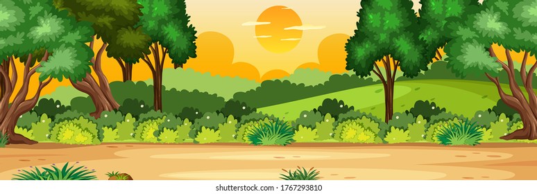 Horizon nature scene or landscape countryside with forest view and yellow sunset sky view illustration