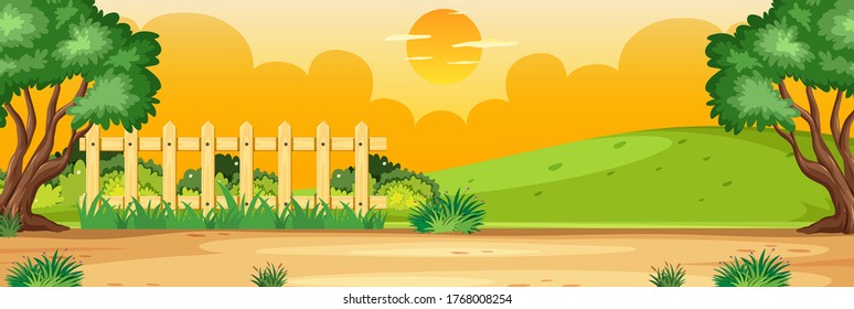 Horizon nature scene or landscape countryside with part of fence view and yellow sky illustration