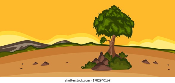 Horizon nature scene or landscape countryside with tree view and yellow sunset sky view - Vector
