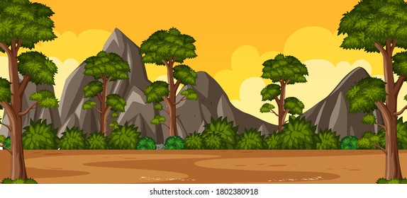 Horizon nature scene or landscape countryside with forest view and yellow sunset sky view illustration