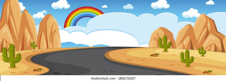 Horizon nature scene or landscape countryside with desert view and rainbow in blank sky at daytime illustration