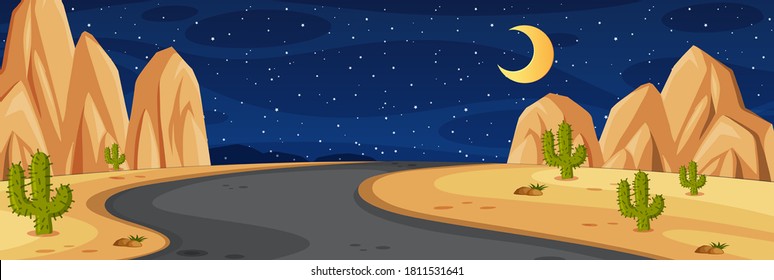 Horizon nature scene or landscape countryside with middle road way in desert and moon in the sky at night illustration