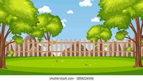 Horizon nature scene or landscape countryside with fence in the park and blank sky at daytime illustration