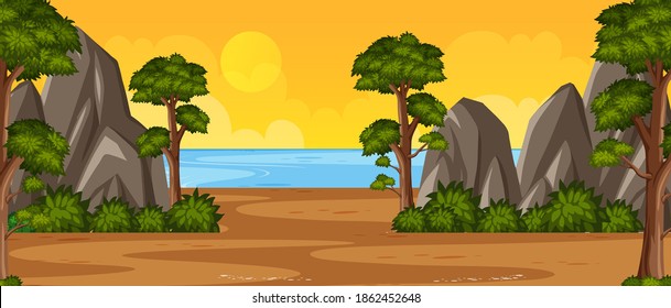 Horizon nature scene or landscape countryside with trees by the beach view and yellow sunset sky view illustration