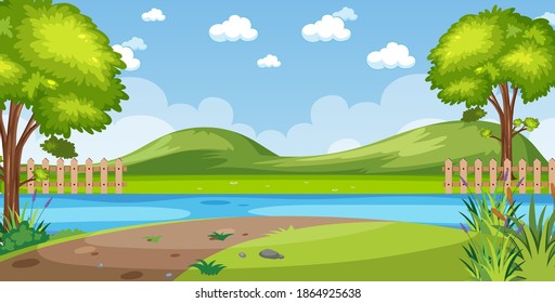 Horizon nature scene or landscape countryside with riverside view and blank sky at daytime illustration