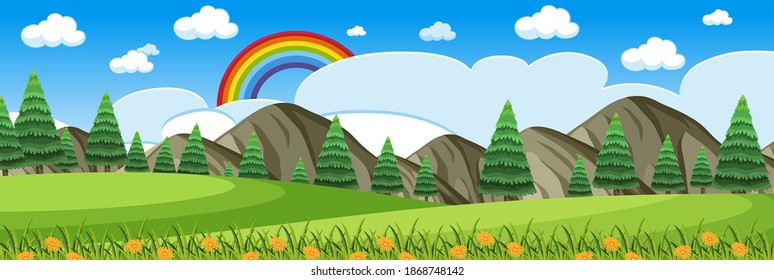Horizon nature scene or landscape countryside with forest view and rainbow in blank sky at daytime illustration