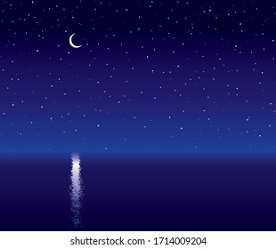 Horizon nightfall summer seawater scenery. Bright cyan color hand drawn scene symbol in modern art comic style. Scenic wild pond border view with copyspace for text on deep moonlit backdrop pattern