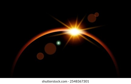 Horizonte del planeta con suave efecto de luz de neón. La luz del sol se eleva sobre el borde del planeta. Eclipse solar o lunar, silueta de la tierra en el espacio exterior. Ilustración vectorial.