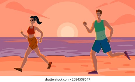 horizon running beach sunset vector. waves exercise, twilight cardio, coastline serene horizon running beach sunset character. people flat cartoon illustration