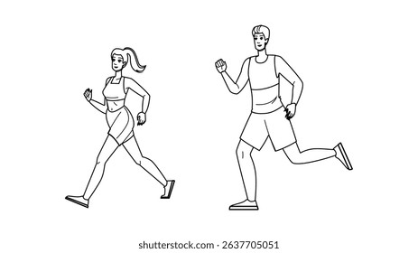 horizon running beach sunset vector. waves exercise, twilight cardio, coastline serene horizon running beach sunset character. people black line pencil drawing illustration