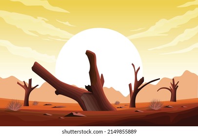 Horizon Sky Western American Dead Tree Vast Desert Landscape Illustration