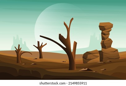 Horizon Sky Western American Dead Tree Vast Desert Landscape Illustration