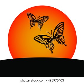 Horizon with sun and multiple butterfly shapes vector illustration.
