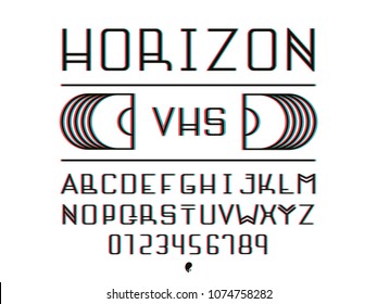 Horizon VHS font. Vector alphabet letters and numbers. Typeface design. 