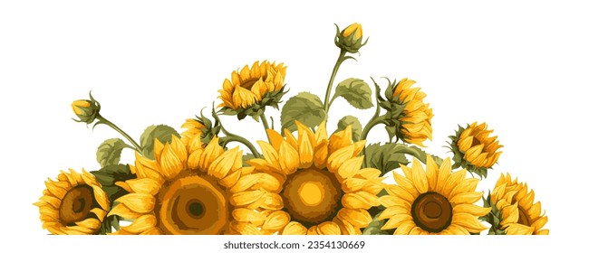 Horizont border with yellow sunflowers and green leaves. Decorative floral design elements in watercolor style