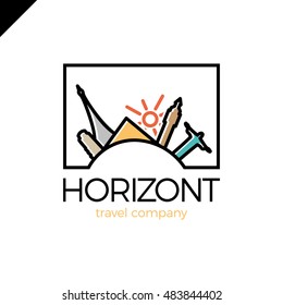 Horizont line travel, journey vector logo design template. world tourism country icon. Paris, Rio, Italy, London, Egypt and sun symbol