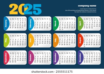 Horizonta simple pocket calendar on 2025 year. decorated with different colors. Vector template calendar for business on white background.