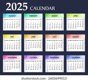 Horizonta simple pocket calendar on 2025 year. Vector template calendar for business on white background.