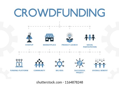 horizontal 2 colored Crowdfunding concept template with simple icons. Crowdfunding elements set, with startup, marketplace, product launch icons