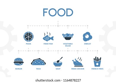 horizontal 2 colored food concept template with simple icons. food elements set, with pizza, Fried fish, vegetable salad icons