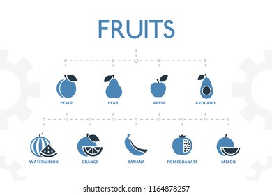 horizontal 2 colored Fruits concept template with simple icons. Fruits elements set, with peach, pear, apple icons