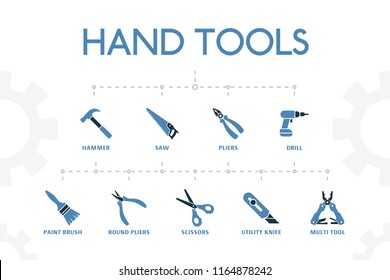 horizontal 2 colored Hand tools concept template with simple icons. Hand tools elements set, with Hammer, saw, pliers icons