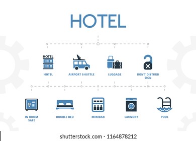horizontal 2 colored Hotel concept template with simple icons. Hotel elements set, with luggage, minibar, airport shuttle  icons