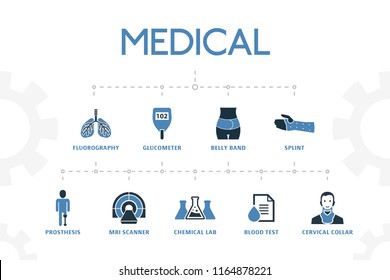 horizontal 2 colored Medical concept template with simple icons. Medical elements set, with Fluorography, glucometer, MRI scanner icons