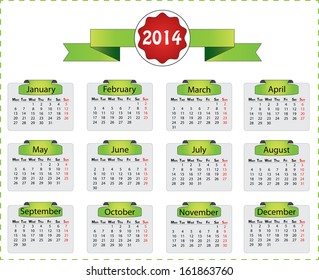 Horizontal 2014 monday start calendar vector. Isolated vector illustration with green labels and ribbon. Easy to edit calendar, months are grouped separately. 