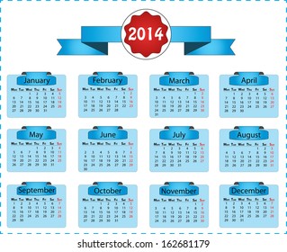 Horizontal 2014 monday start calendar vector. Isolated vector illustration with blue labels and ribbon. Easy to edit calendar, months are grouped separately. 