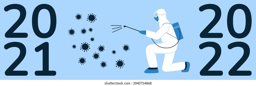 Horizontal 2022 New Year banner, poster design concept. No infection, germs. Specialist, doctor in white hazmat suit, mask. Disinfection decontamination. Fight against coronavirus. Healthcare doctors