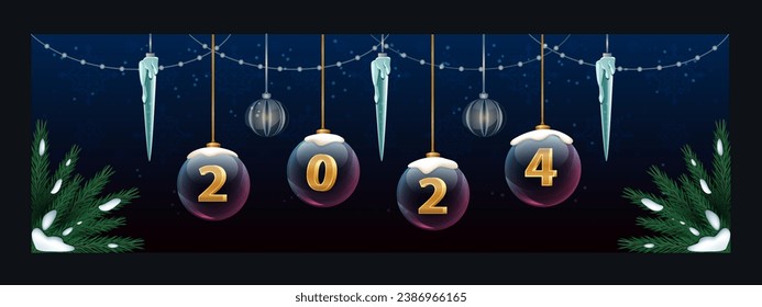 Horizontal 2024 New Year banner with fir branches, icicles and christmas tree toys. Winter holiday banner for greetings, postcrads or advertisign