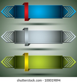Horizontal 3d banners finished with arrows, set of color versions, vectors collection.
