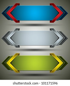 Horizontal 3d banners finished with arrows, set of color versions, vectors collection.