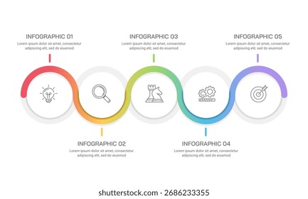 Cronograma infográfico de 5 etapas horizontais para desenvolvimento de processos de negócios, planejamento de projetos e implementação de estratégias. Ilustração vetorial.