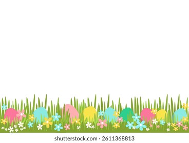 Horizontal A4 Easter vector template with a bottom border of colorful eggs and spring flowers. Great for invitations, flyers, cards, and print designs.
