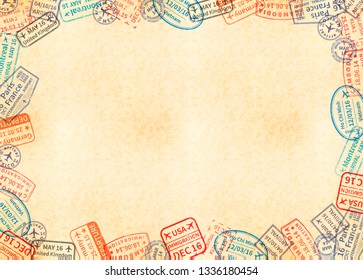 Horizontal a4 size yellow sheet of old paper with frame made from different travel stamps