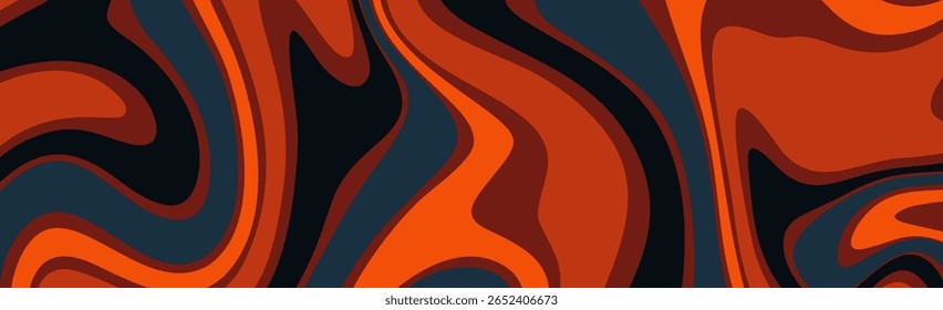 Horizontal abstract background featuring bold, wavy layers of red, orange, maroon, and dark navy in a molten, fluid pattern.
