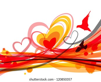 Horizontal abstract background with hearts, birds and flowing lines. Eps10