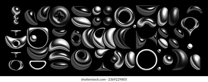 Horizontal  abstract background with rounded metalic moon shapes, epitomizing modern brutalism and Bauhaus style, is ideal for striking covers and contemporary designs. Chrome effect
