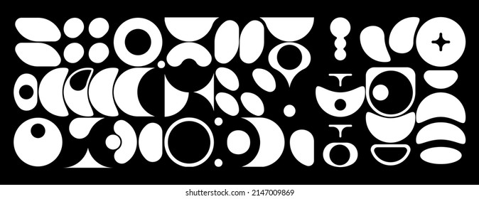 Horizontal abstract background. Set of rounded figures and objects in the form of slices of the moon. Black and white modern shapes.