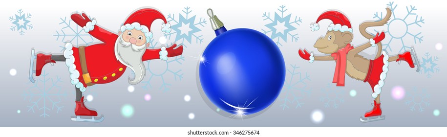 Horizontal abstract background with snowflakes, with Santa Claus's image, the monkey and a New Year's sphere