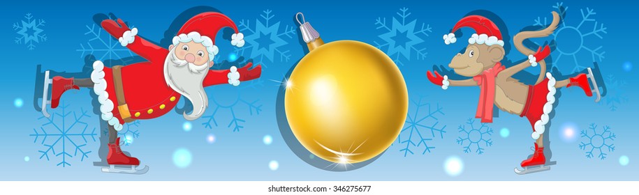 Horizontal abstract background with snowflakes, with Santa Claus's image, the monkey and a New Year's sphere