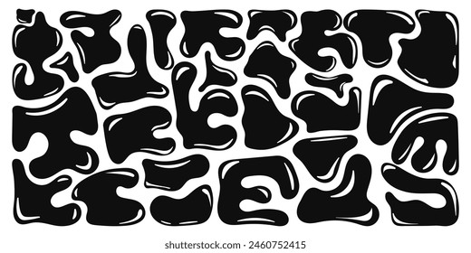 Horizontal abstract background of wavy bubble elements in trendy y2k style. Set of liquid abstract shapes in dark color with highlights. 