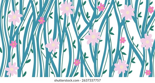 Horizontal Abstract Background with Wavy Stripes, Pink Flowers and Leaves on white, Vector Illustration