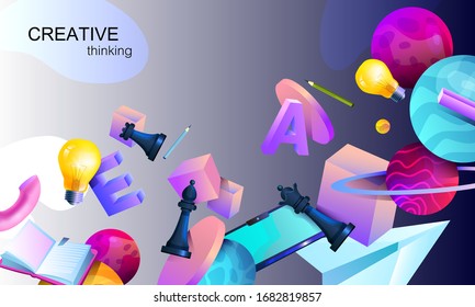 Horizontal abstract banner Creative Thinking with geometrical shapes, chess, bulb, planets, book and pencils. Inspirational vector background with 3D objects. Brainstorm and teamwork stock concept